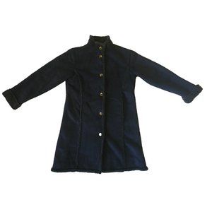LL Bean Sherpa Jacket Womens XS Navy Blue Faux Suede Shearling Lined Button Coat